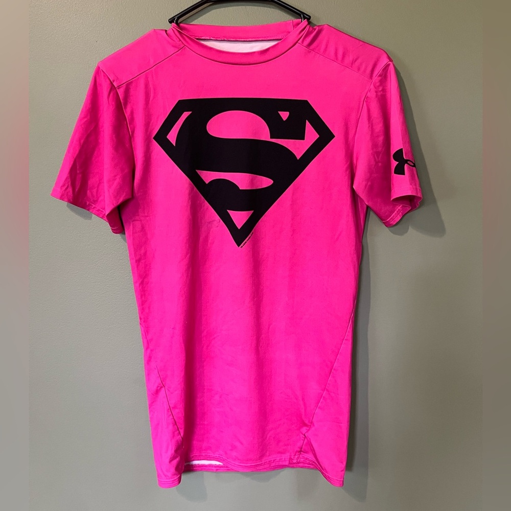 Under Armour Bright Pink Tee with Black Superman Emblem